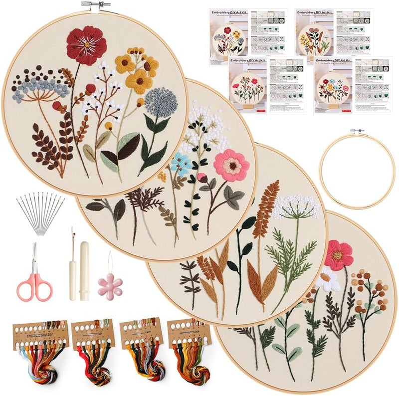 wtisan Embroidery Kit, 4 Sets Embroidery Kit for Beginners with Stamped Flower Pattern, Cross Stitch Starter Kits for Adults Hand Craft Lover with Embroidery Hoop, Instructions and Threads - Image 1